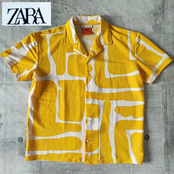 ZARA × Sebastian Curi/グラフィックシャツ/M/レーヨン/YLW/ オープンカラーシャツ 半袖シャツ ザラ