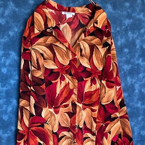 フランス古着 ヴィンテージ リーフ柄シャツ 茶色 Autumn 開襟 派手シャツ 一点物 サイズ48