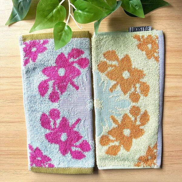 新品 タオルハンカチ 2枚セット 花柄 サイズ26*26 オレンジ花 ピンク花プレゼント用可