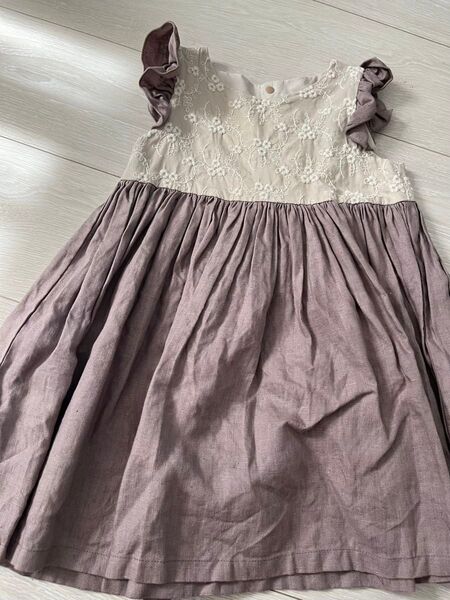 ワンピース 90サイズ ベージュと紫 ハンドメイドワンピース