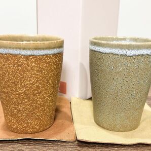 タチ吉 窯変 ペア陶器コップ 布コースター付き