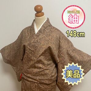 【美品】紬 袷 海老茶色 流水文 笹 松 アンティーク着物 大正ロマン