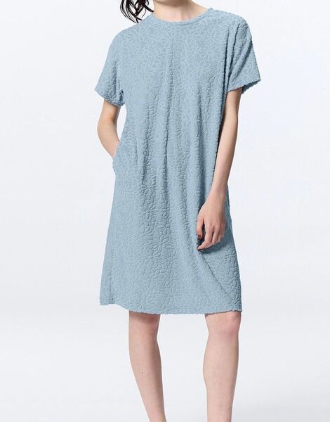 新品【GU ソフトパイル ラウンジワンピース 62 ブルー M】半袖 フラワー 水色 ルームウェア パジャマ タオル UNIQLO
