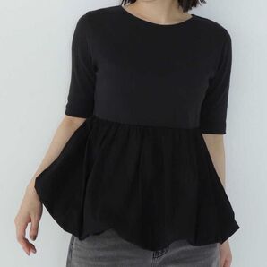 【新品】【ナチュラルビューティーベーシック】 バルーン ヘム カットソー フリーサイズ ブラック 5分袖【未使用】