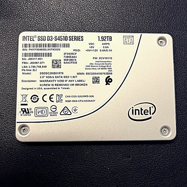 【中古】Intel D3-S4510 Series 1.92TB SATA 2.5インチ 内蔵 SSD SSDSC2KB019T8 (使用時間26819h)