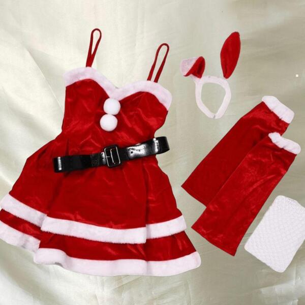 サンタコスプレ ミニサンタクロース クリスマス 仮装 うさ耳カチューシャ 網タイツ Mサイズ 5点セット