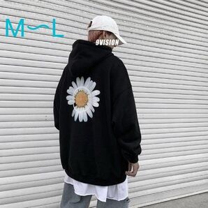 韓国 メンズ デイジー 花柄 スウェット パーカー 長袖 ブラック