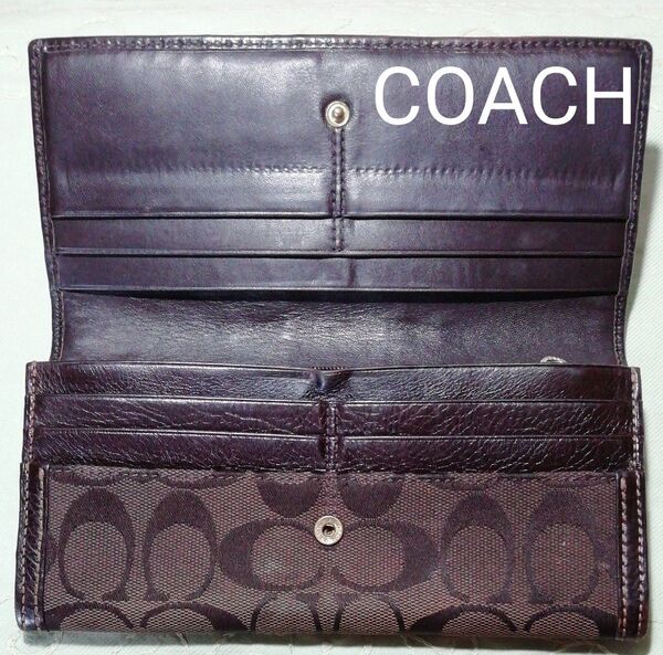 【USED良品】長財布 コーチ COACH 本革レザー シグネチャー キャンバス コンビ ブラウン ロングウォレット