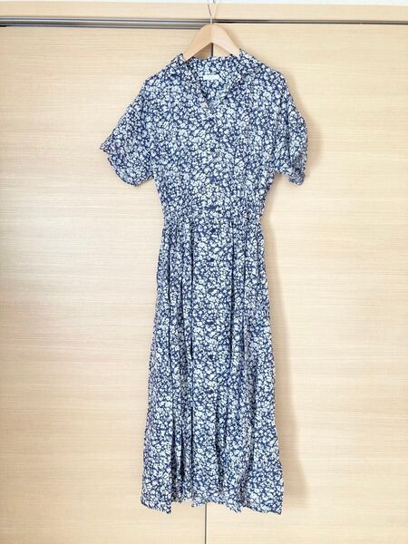 ローリーズファーム ワンピース シャツワンピース 花柄 青 ロングワンピース F