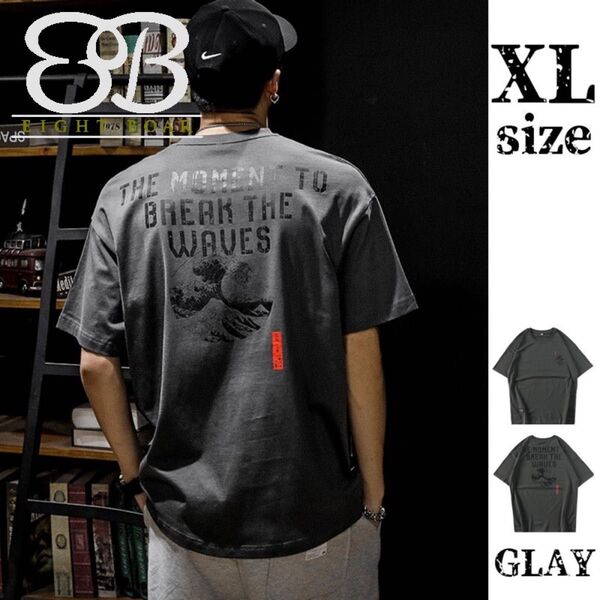 XLサイズ◆アメリカンレトロ 綿100% 浮世絵プリントTシャツ グレー エイトボアー◆k51