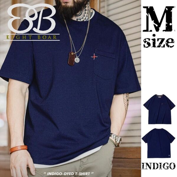 Mサイズ◆インディゴブルー ナバホビーズ 藍染め ラウンドネックTシャツ エイトボアー 藍色◆b55