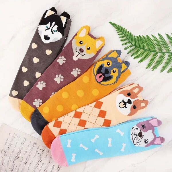 【最終値下げ】靴下5足セット 犬のイラスト アーガイル フレンチブルドッグ 柴犬 コーギー ハスキー ドーベルマン ソックス 秋冬