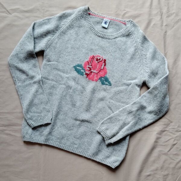 プチバトー(PETIT BATEAU)_グレー_花柄_150_キッズ_ニット_12ans