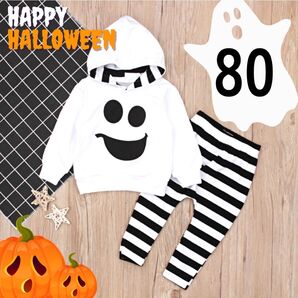 ベビー コスプレ おばけ セットアップ パーカー ハロウィン ボーダー 80 上下セット ボトムス