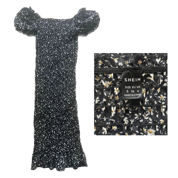 SHEIN シーイン Sサイズ 花柄スクエアネックパフスリーブワンピース