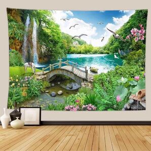 新作!タペストリー金具付E98 湖 のどか 白鳥 カモメ 蓮の花 滝 景色 風景