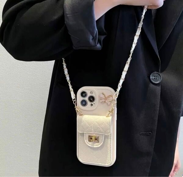 新品 可愛い レディース iPhone14 plusスマホケース白 カード収納