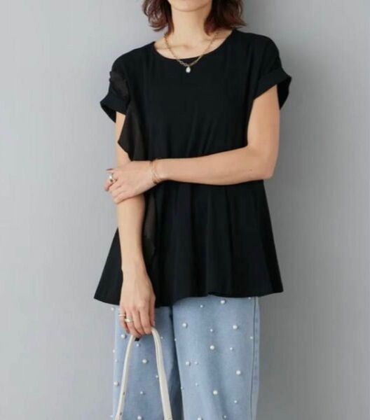 異素材ドッキング フリル Tシャツ ブラック frene フラーネ 半袖 おしゃれ