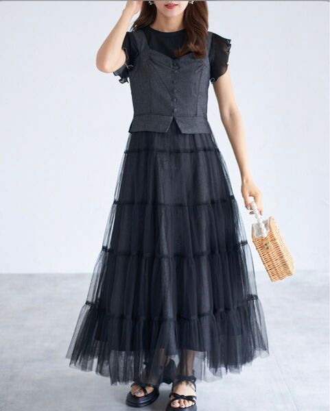 【ZOZO限定】デニムチュールプリーツ切替ラッフルワンピース tocco