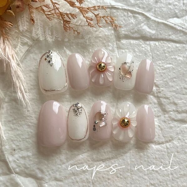 【Mサイズ】ネイルチップ ピンク ホワイト ぷっくりフラワー 花 成人式 結婚式 ウェディング ブライダル