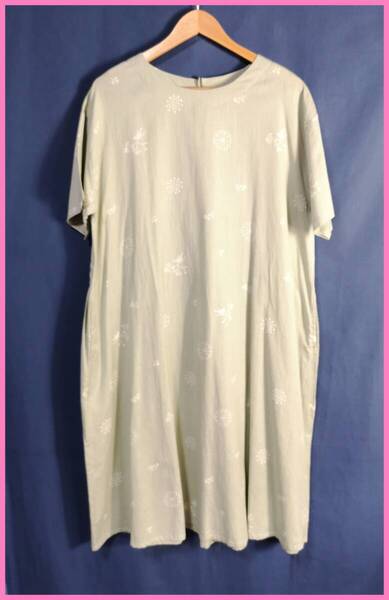 WH‐342‐2☆春夏☆サンプル品☆送料込☆即決☆ナチュラル系☆綿麻混☆M~L☆ワンピース☆ライトグリーン系☆鳥柄☆植物柄☆ゆったり