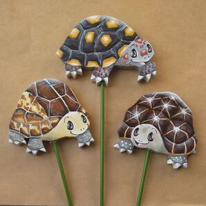 カメ No5・木製ガーデンピック3個セット ハンドメイド インテリア雑貨 園芸用品 飾り 亀
