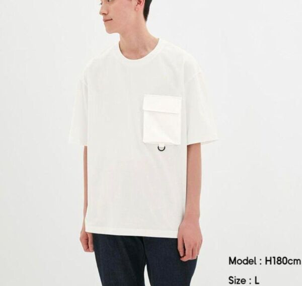 GU ジーユー ドライビッグTシャツ 5分袖 布帛ポケット ユニクロ 白 L ホワイト クルーネック ポケットTシャツ
