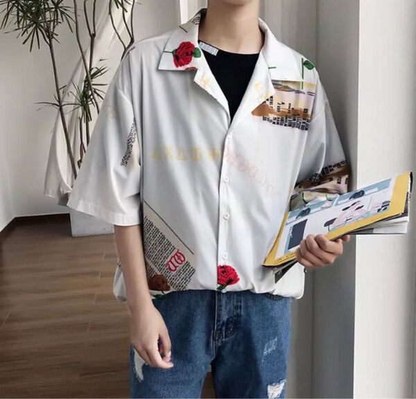 新品 薔薇柄 ローズ プリント シャツ 半袖 男女兼用 総柄 個性的 白