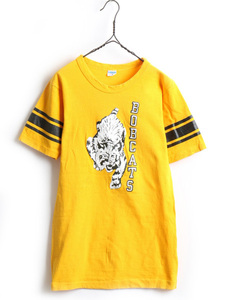 70s ビンテージ ★ Champion チャンピオン BOBCATS プリント フットボール 半袖 Tシャツ ( メンズ 男性 M ) バータグ 70年代 イエロー 古着