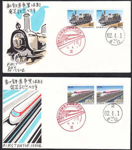 FDC　１９８７年　新鉄道事業体制発足記念　p貼２消し　２種　　松屋