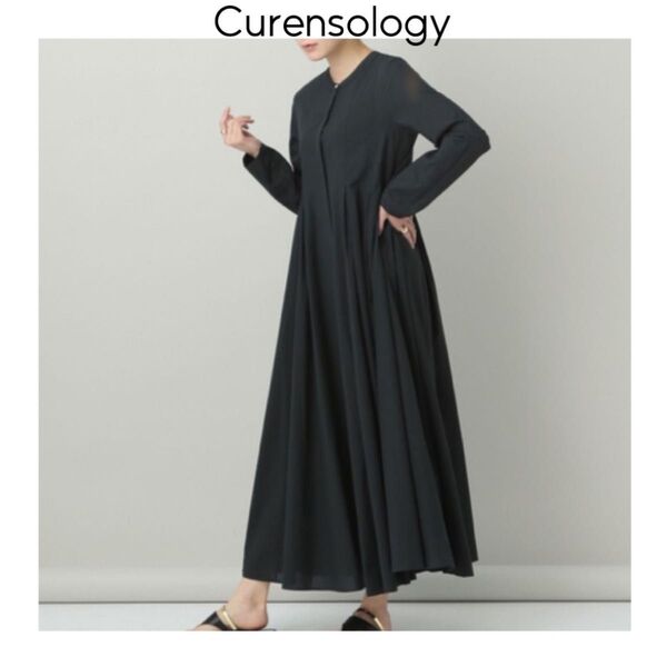 Curensology カレンソロジー タックボリュームワンピース ブラック 長袖 シャツワンピース カーディガン 羽織り ロング