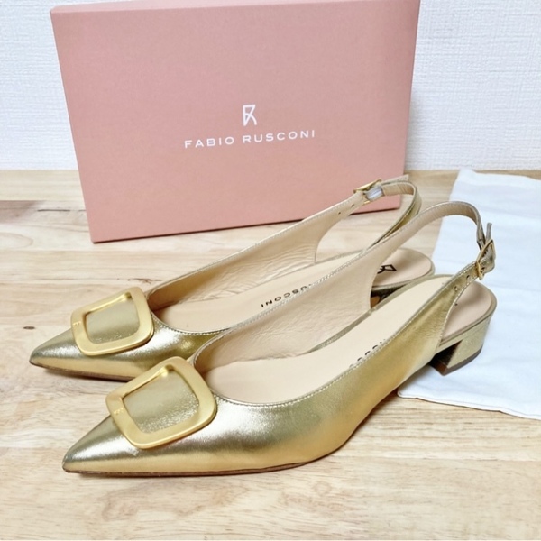 FABIO RUSCONI/ファビオルスコーニ ポインテッドトウバックルバックバンドパンプス ゴールド 38