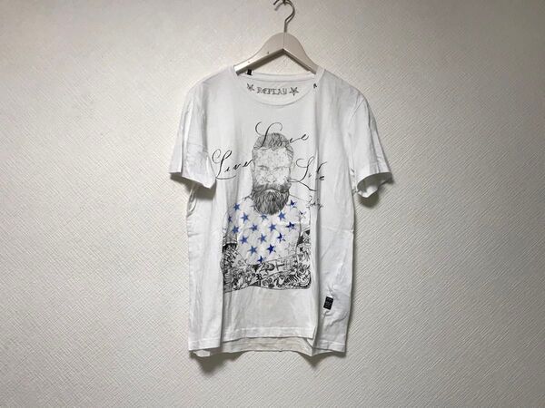 本物リプレイREPLAYプリント半袖Tシャツメンズサーフアメカジミリタリーストリートスケーターワークビジネスゴルフ白ホワイトM