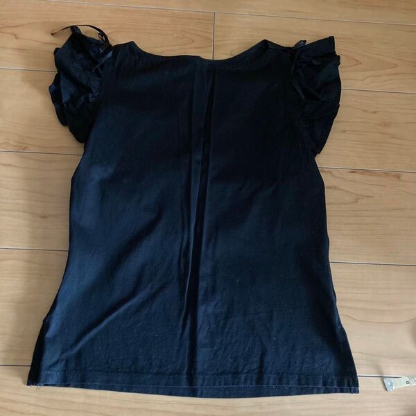中古服 トップス カットソー ブラウス ブラック黒 フリル 綿100% M Tシャツ ノースリーブ 半袖 東京スタイル ひらひら