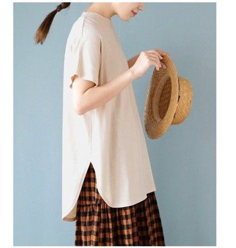 チュニック 半袖 綿混 ハイネックカットソーゆったりサイズ