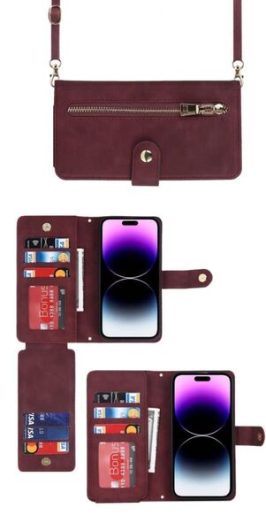 Hamany】 iphone14pro ケース ショルダー iphone14プロ ケース 手帳型 ワインレッド