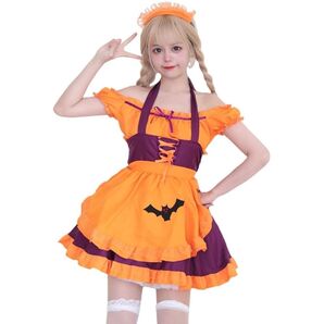 ハロウィン メイド服 パープル オレンジ 半袖 Mサイズ