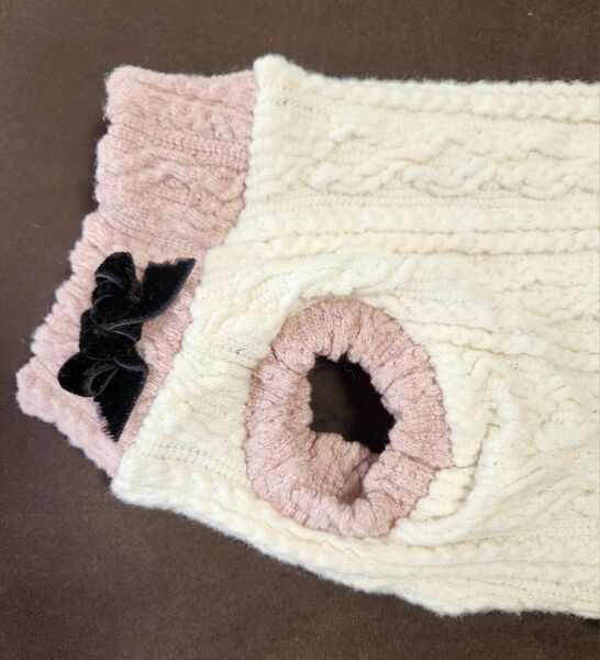 犬服 アランニット ハンドメイド 小型犬 セーター リボン 女の子カラー 伸縮性