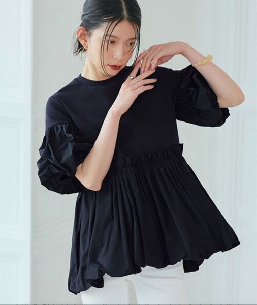 RUIRUE BOUTIQUE バルーン ペプラム ブラウス カットソー ネイビー M