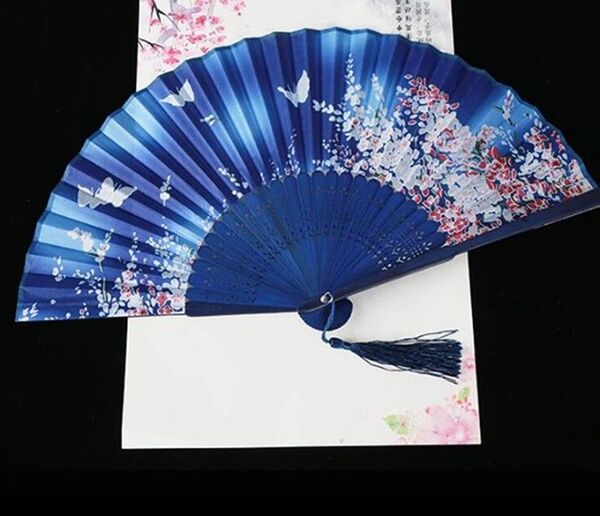 扇子 せんす - Vintage Silk Fan - ヴィンテージシルクファン …○*+"*…蝶 藍色…*"+*○