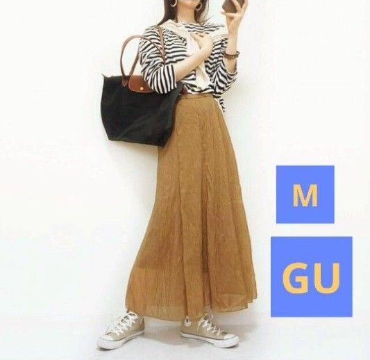 GU ジーユー ロングスカート シアーフレアロングスカート ブラウン ブロンズ ゴールド M