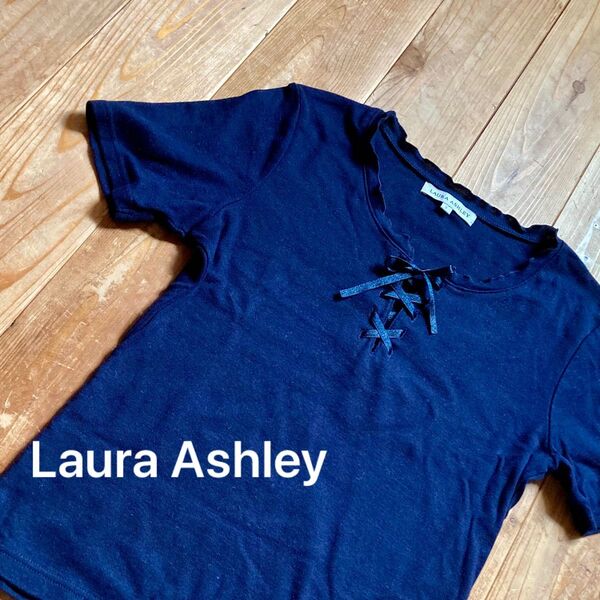 Laura Ashley ローラアシュレイ編み上げリボン デザイントップス サマーニット カットソー 半袖Tシャツ