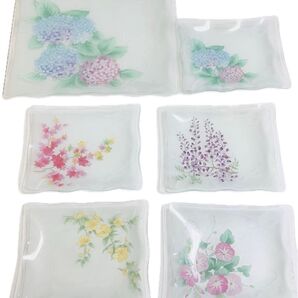 日本の四季 花の万葉集 ガラス皿 大皿 1枚 小皿 5枚 セット 和食器 レトロ ファンシークラフトグラス