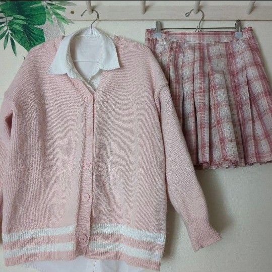 セットアップ カーディガン コスプレ ワイシャツ ピンク スカート 学生風