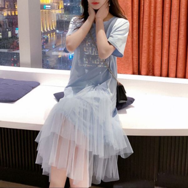 Tシャツ ワンピース 切り替え かわいカラー シアー アシメトリー ポップ チュニック 韓国 オルチャン ゆったり レディース