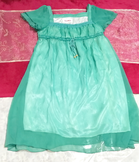 緑グリーンシフォンネグリジェチュニックワンピース Green chiffon negligee tunic dress, チュニック, 半袖, Mサイズ