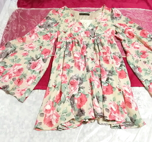 CECIL McBEE セシルマクビー 亜麻色着物風花柄長袖チュニックワンピース Flax color kimono-style floral print longsleeve tunic onepiece,チュニック&長袖&Mサイズ