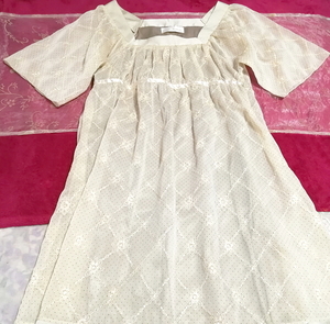 Flax color ivory cross embroidery chiffon negligee tunic dress, tunic & short sleeves & medium size