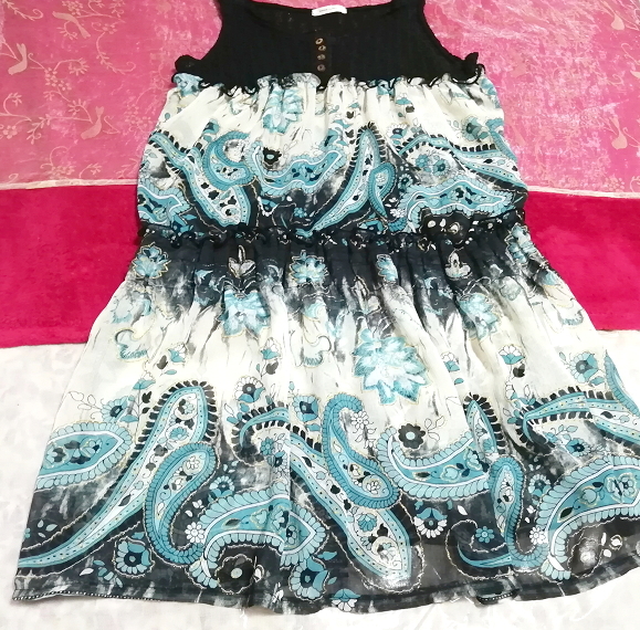 黒ニット青エスニック柄スカートノースリーブネグリジェチュニックワンピース Black knit blue ethnic pattern skirt negligee tunic dress, チュニック, 袖なし、ノースリーブ, Mサイズ