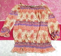 亜麻色赤紫花柄チェリー柄シフォン長袖ネグリジェシースルーチュニック Flax color red purple chiffon negligee see-through tunic_画像1